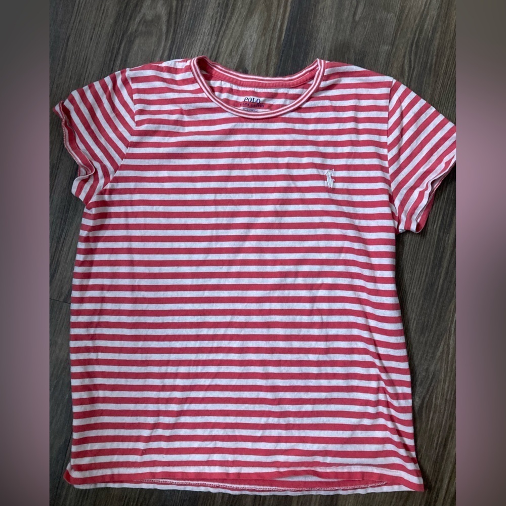 Polo Ralph Lauren Women’s Pink/White Striped Large Tee
